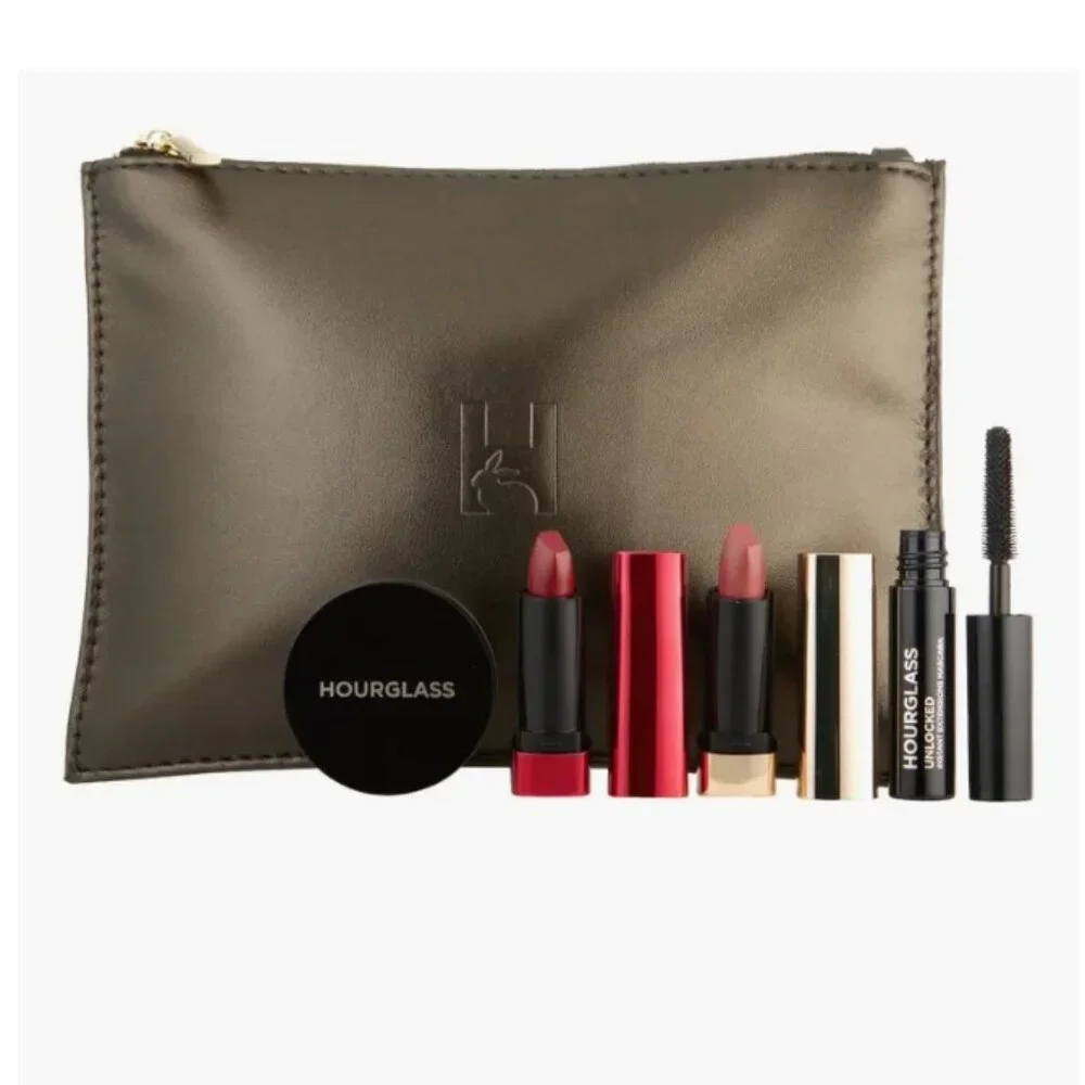 Hourglass Beauty Gift Set-Cosmetic Bag,Setting Powder,2 Lipstick,Mascara-5pc-NEW